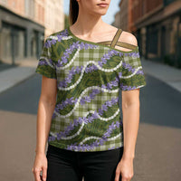 Green Hawaii Palaka Honohono Pikake Cross Shoulder Shirt Hawaiian Orchid Lei Polynesian Pattern - Polynesian Pride