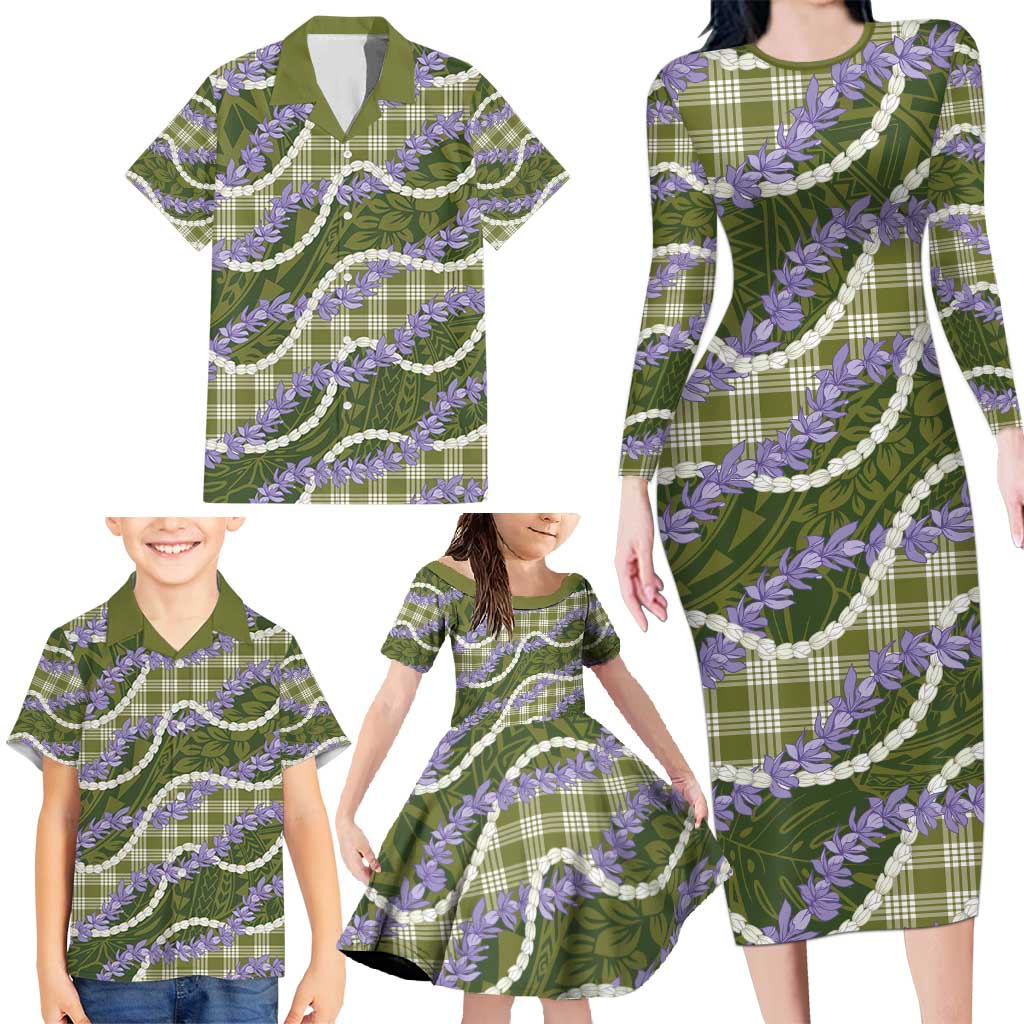 Green Hawaii Palaka Honohono Pikake Family Matching Long Sleeve Bodycon Dress and Hawaiian Shirt Hawaiian Orchid Lei Polynesian Pattern - Polynesian Pride