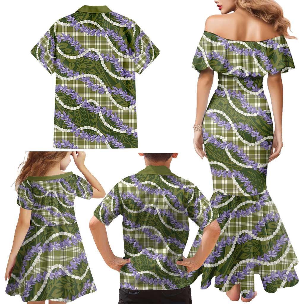 Green Hawaii Palaka Honohono Pikake Family Matching Mermaid Dress and Hawaiian Shirt Hawaiian Orchid Lei Polynesian Pattern - Polynesian Pride