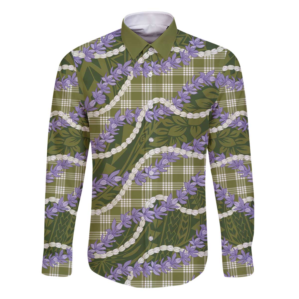 Green Hawaii Palaka Honohono Pikake Family Matching Off The Shoulder Long Sleeve Dress and Hawaiian Shirt Hawaiian Orchid Lei Polynesian Pattern - Polynesian Pride