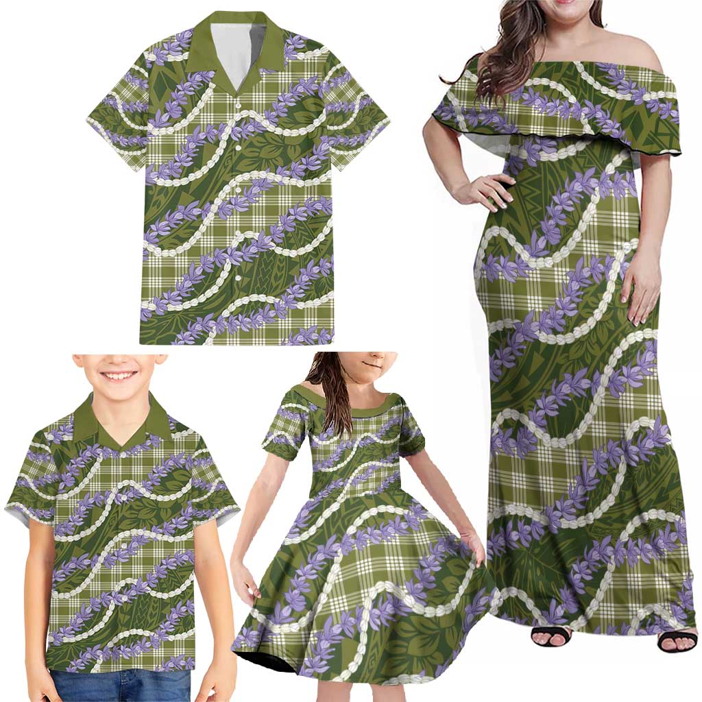 Green Hawaii Palaka Honohono Pikake Family Matching Off Shoulder Maxi Dress and Hawaiian Shirt Hawaiian Orchid Lei Polynesian Pattern - Polynesian Pride