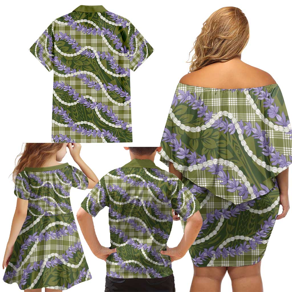 Green Hawaii Palaka Honohono Pikake Family Matching Off Shoulder Short Dress and Hawaiian Shirt Hawaiian Orchid Lei Polynesian Pattern - Polynesian Pride