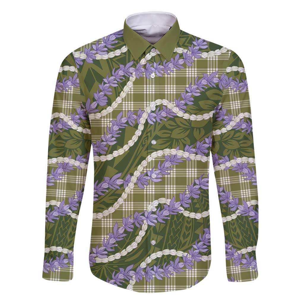 Green Hawaii Palaka Honohono Pikake Family Matching Off Shoulder Short Dress and Hawaiian Shirt Hawaiian Orchid Lei Polynesian Pattern - Polynesian Pride