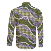 Green Hawaii Palaka Honohono Pikake Family Matching Off Shoulder Short Dress and Hawaiian Shirt Hawaiian Orchid Lei Polynesian Pattern - Polynesian Pride