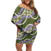 Green Hawaii Palaka Honohono Pikake Family Matching Off Shoulder Short Dress and Hawaiian Shirt Hawaiian Orchid Lei Polynesian Pattern - Polynesian Pride
