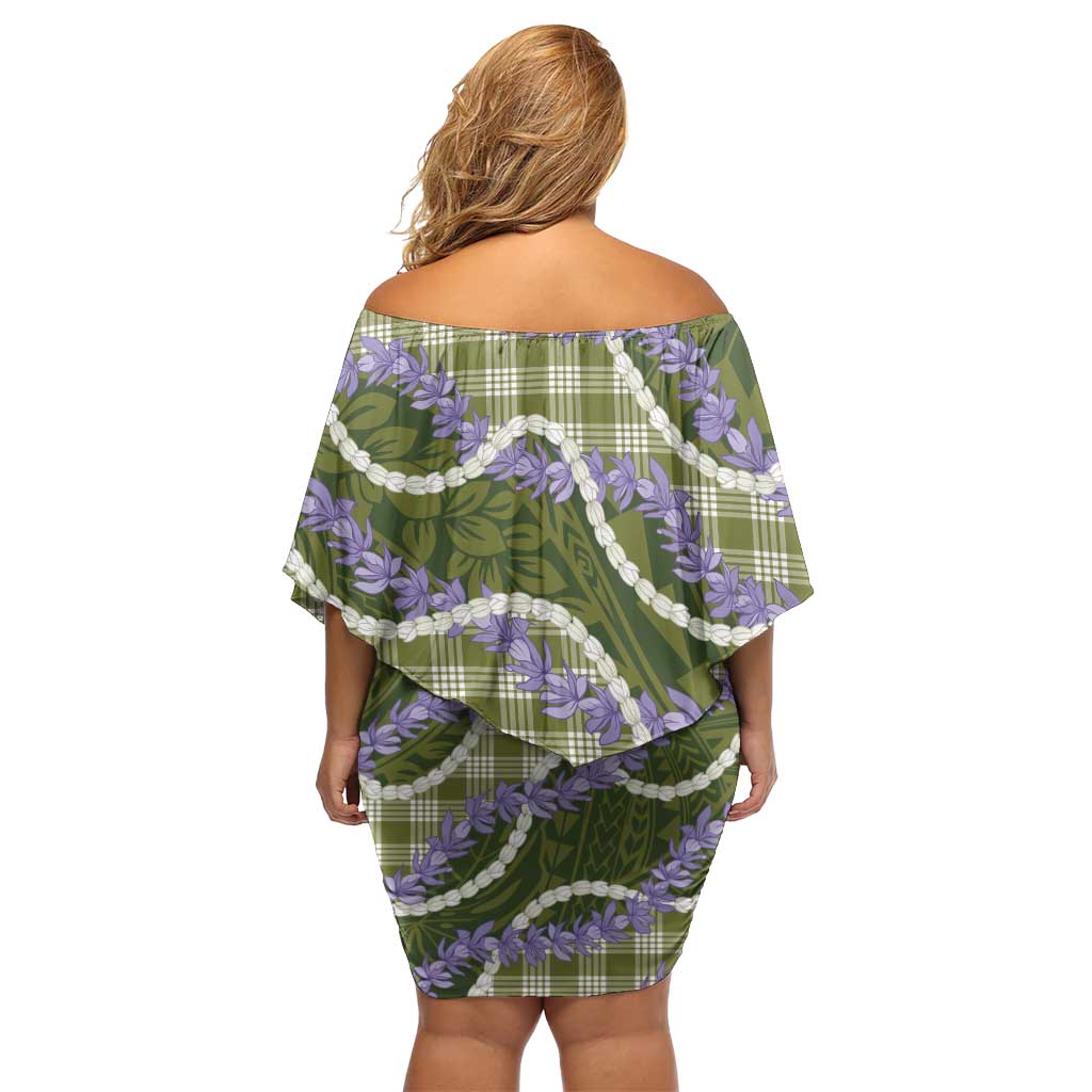 Green Hawaii Palaka Honohono Pikake Family Matching Off Shoulder Short Dress and Hawaiian Shirt Hawaiian Orchid Lei Polynesian Pattern - Polynesian Pride
