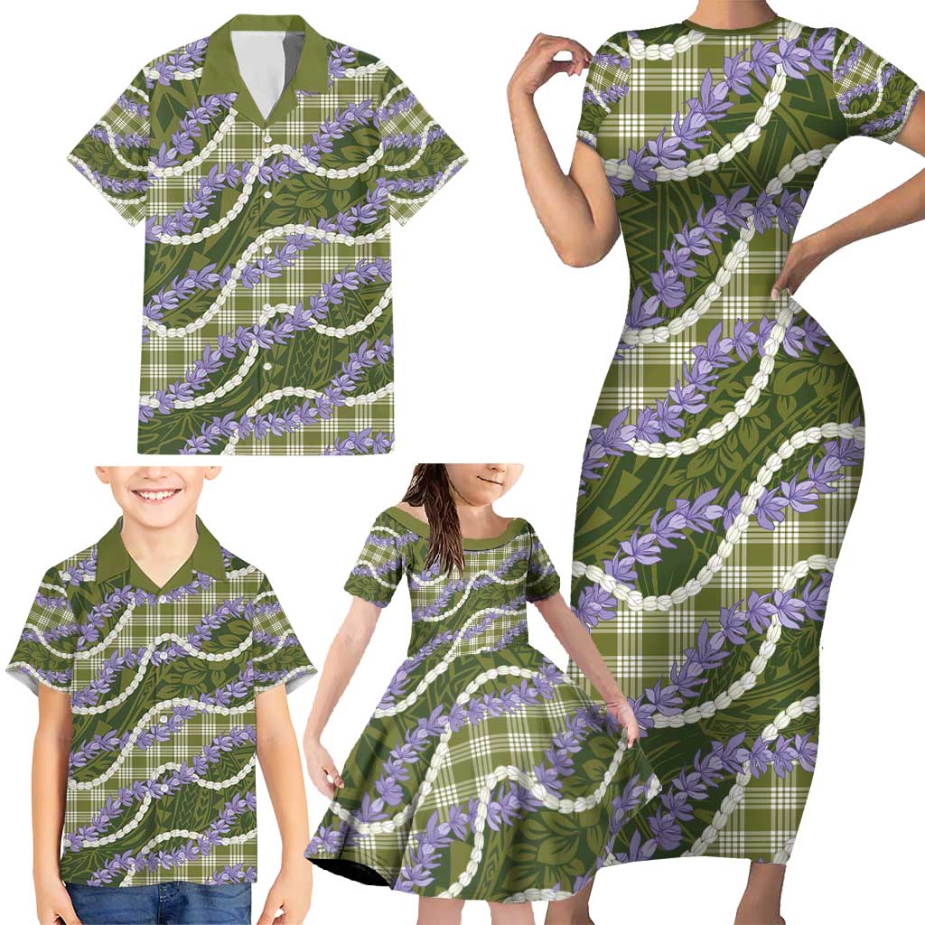 Green Hawaii Palaka Honohono Pikake Family Matching Short Sleeve Bodycon Dress and Hawaiian Shirt Hawaiian Orchid Lei Polynesian Pattern - Polynesian Pride