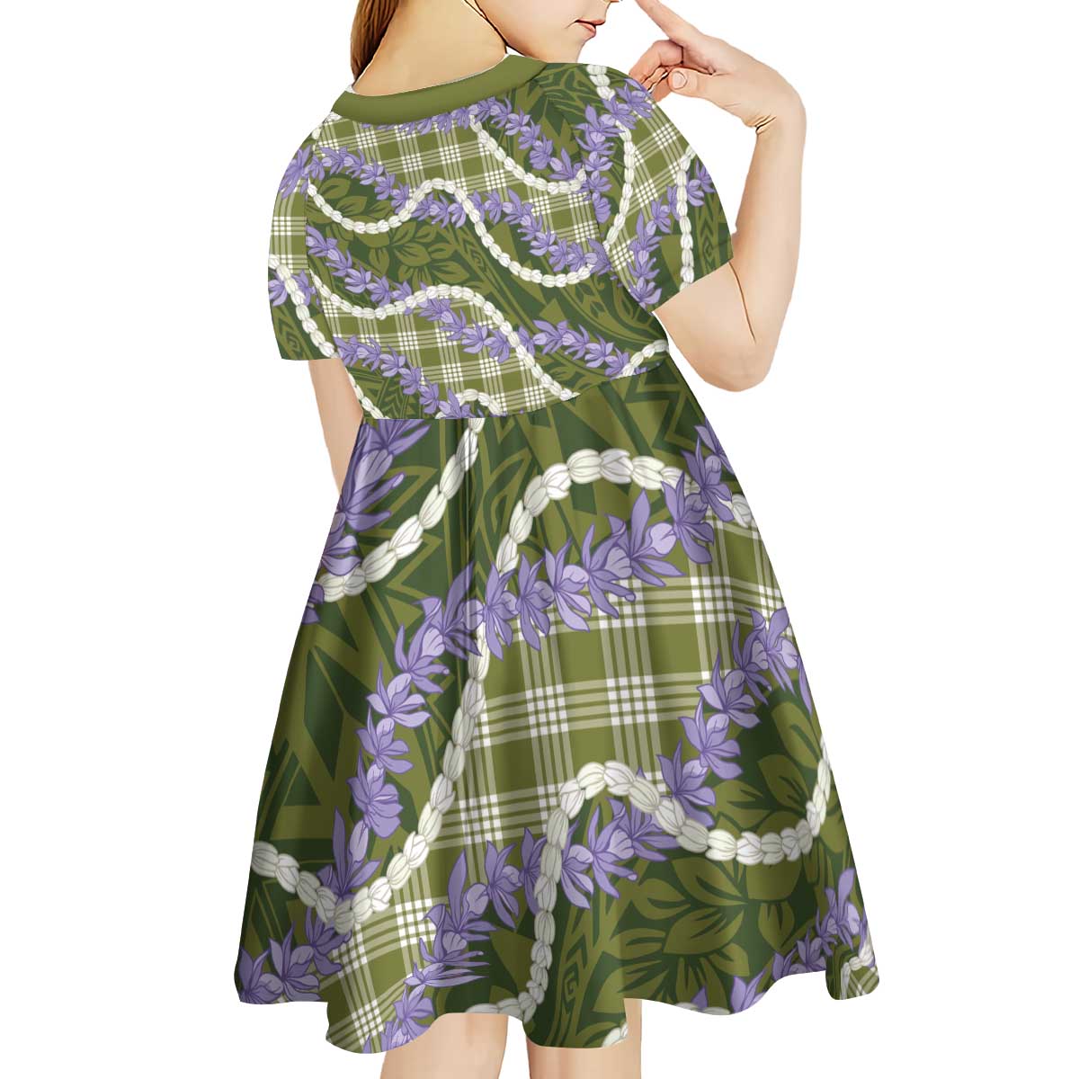 Green Hawaii Palaka Honohono Pikake Kid Short Sleeve Dress Hawaiian Orchid Lei Polynesian Pattern - Polynesian Pride