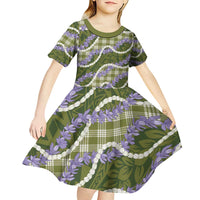 Green Hawaii Palaka Honohono Pikake Kid Short Sleeve Dress Hawaiian Orchid Lei Polynesian Pattern - Polynesian Pride