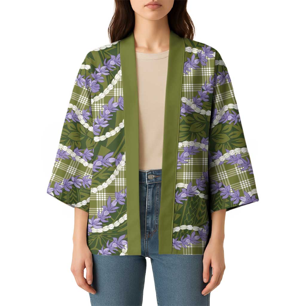 Green Hawaii Palaka Honohono Pikake Kimono Hawaiian Orchid Lei Polynesian Pattern - Polynesian Pride