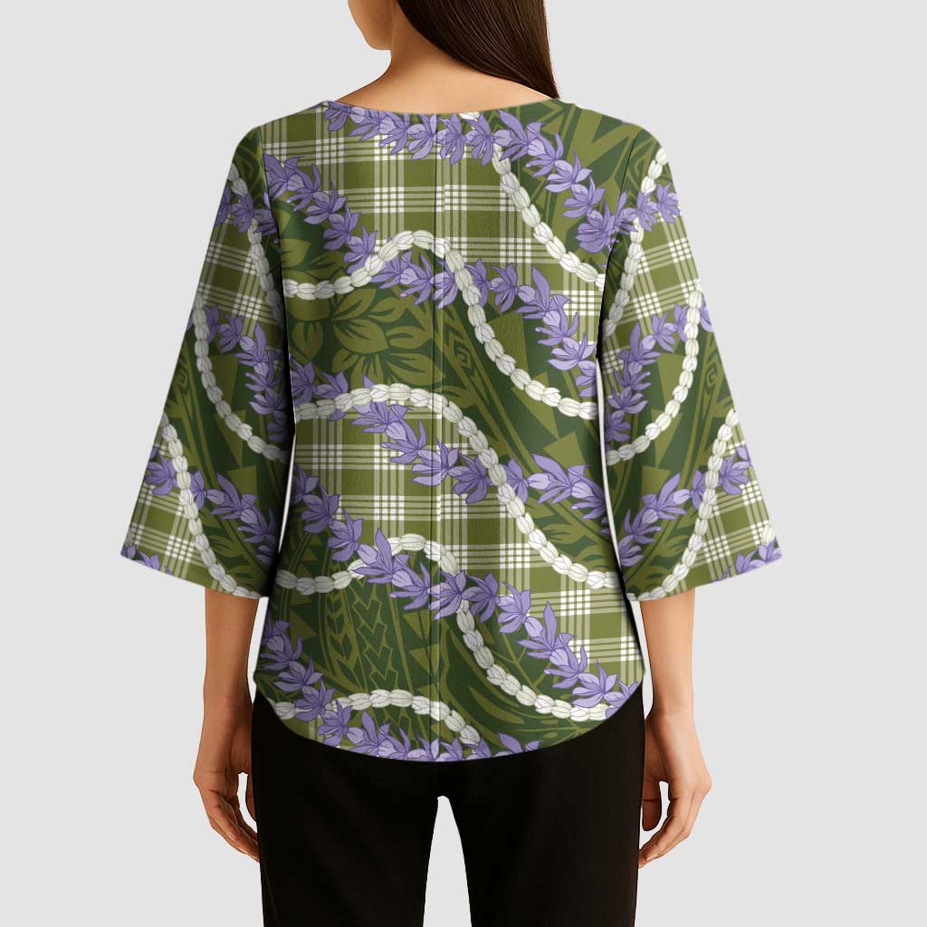 Green Hawaii Palaka Honohono Pikake Kimono Sleeve Blouse Hawaiian Orchid Lei Polynesian Pattern - Polynesian Pride