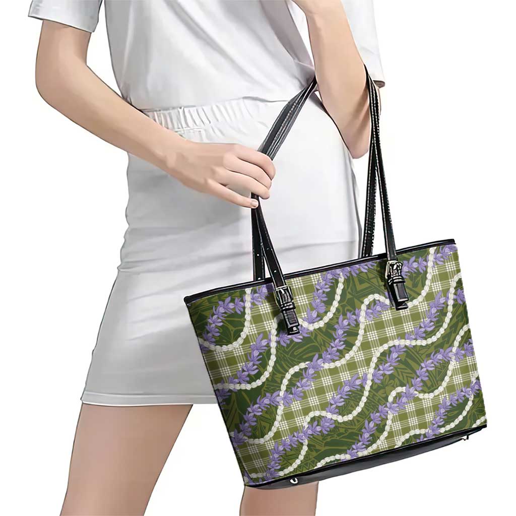 Green Hawaii Palaka Honohono Pikake Leather Tote Bag Hawaiian Orchid Lei Polynesian Pattern - Polynesian Pride