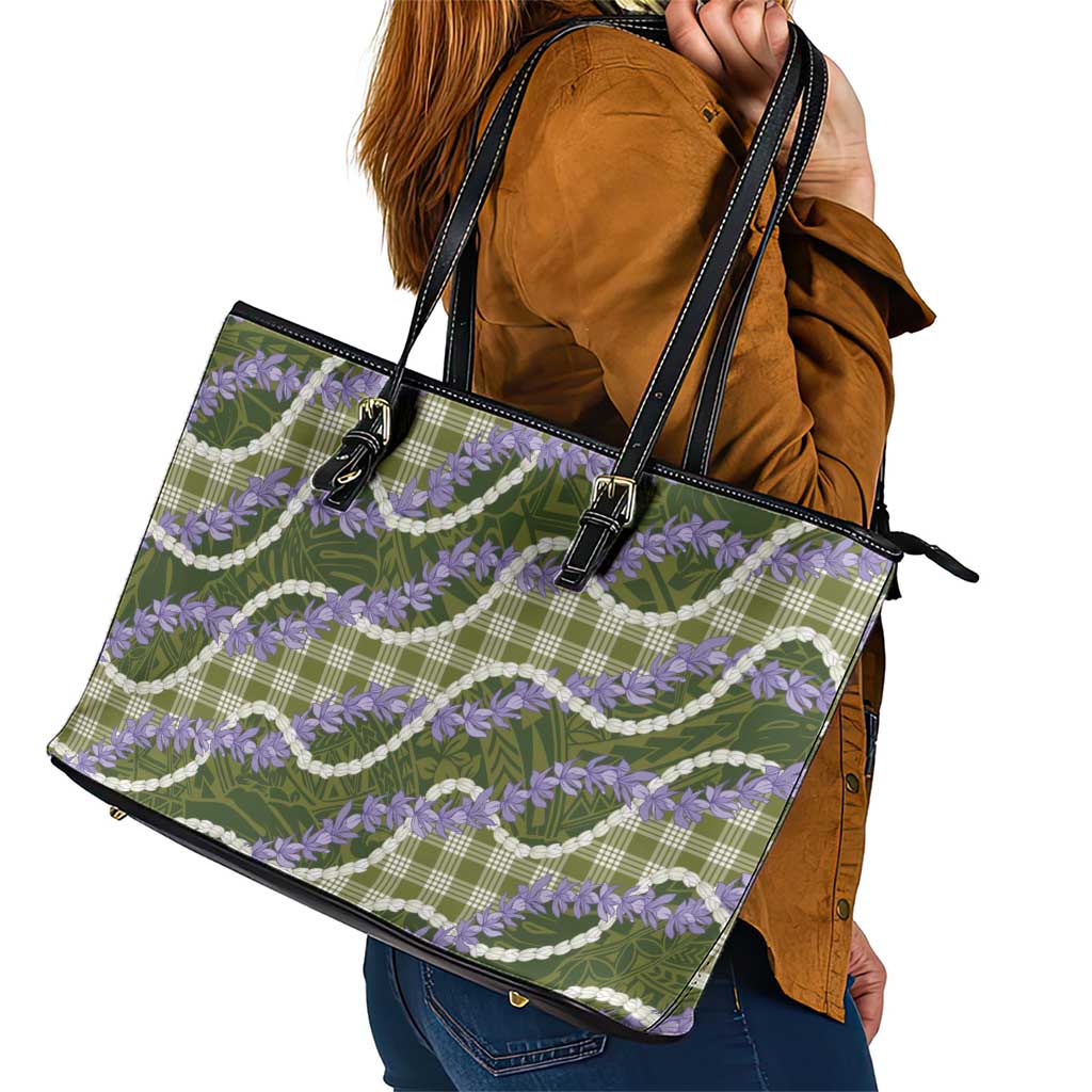 Green Hawaii Palaka Honohono Pikake Leather Tote Bag Hawaiian Orchid Lei Polynesian Pattern - Polynesian Pride