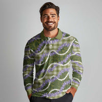 Green Hawaii Palaka Honohono Pikake Long Sleeve Polo Shirt Hawaiian Orchid Lei Polynesian Pattern - Polynesian Pride