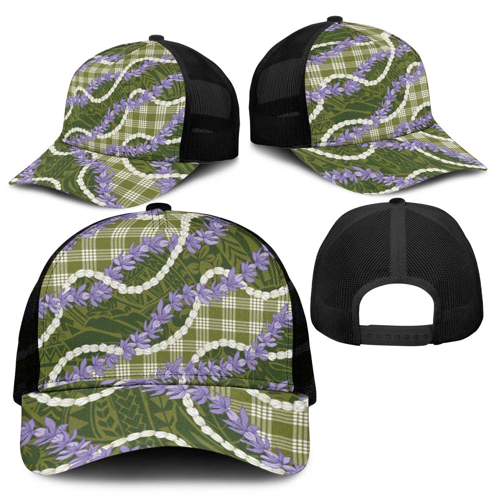 Green Hawaii Palaka Honohono Pikake Mesh Trucker Cap Hawaiian Orchid Lei Polynesian Pattern - Polynesian Pride
