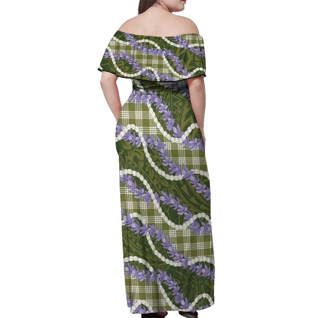 Green Hawaii Palaka Honohono Pikake Off Shoulder Maxi Dress Hawaiian Orchid Lei Polynesian Pattern - Polynesian Pride