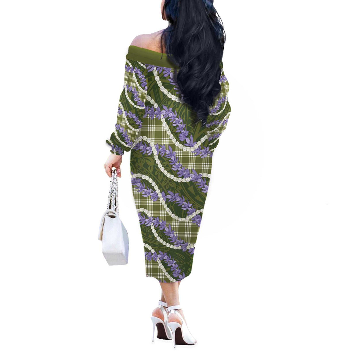 Green Hawaii Palaka Honohono Pikake Off The Shoulder Long Sleeve Dress Hawaiian Orchid Lei Polynesian Pattern - Polynesian Pride