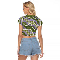 Green Hawaii Palaka Honohono Pikake Raglan Cropped T Shirt Hawaiian Orchid Lei Polynesian Pattern - Polynesian Pride