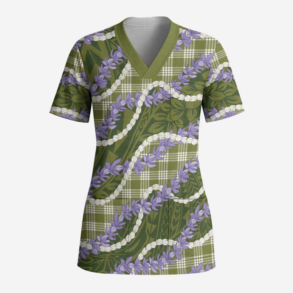 Green Hawaii Palaka Honohono Pikake Scrub Top Hawaiian Orchid Lei Polynesian Pattern LT14 Adult Green - Polynesian Pride