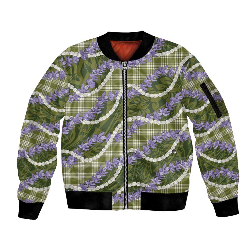 Green Hawaii Palaka Honohono Pikake Sleeve Zip Bomber Jacket Hawaiian Orchid Lei Polynesian Pattern LT14 Unisex Green - Polynesian Pride