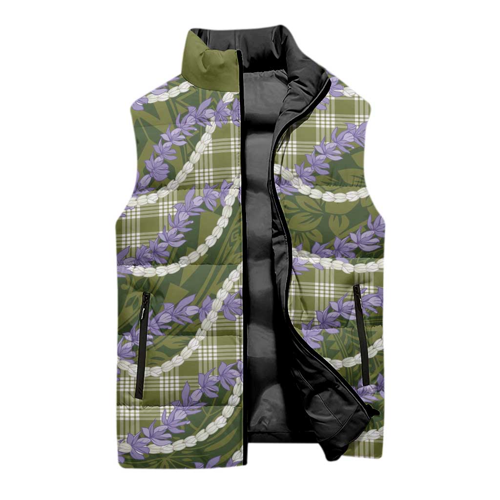 Green Hawaii Palaka Honohono Pikake Sleeveless Puffer Jacket Hawaiian Orchid Lei Polynesian Pattern - Polynesian Pride