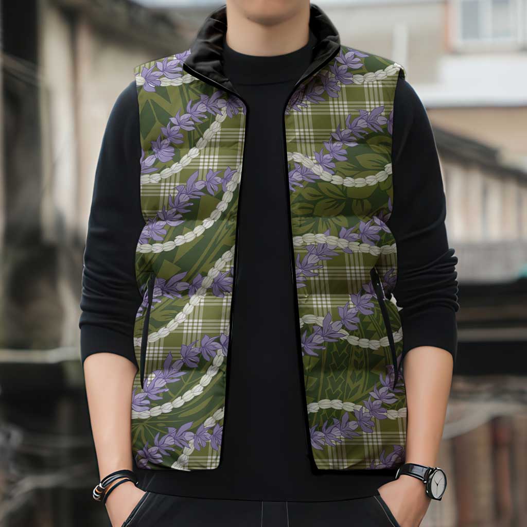 Green Hawaii Palaka Honohono Pikake Sleeveless Puffer Jacket Hawaiian Orchid Lei Polynesian Pattern - Polynesian Pride