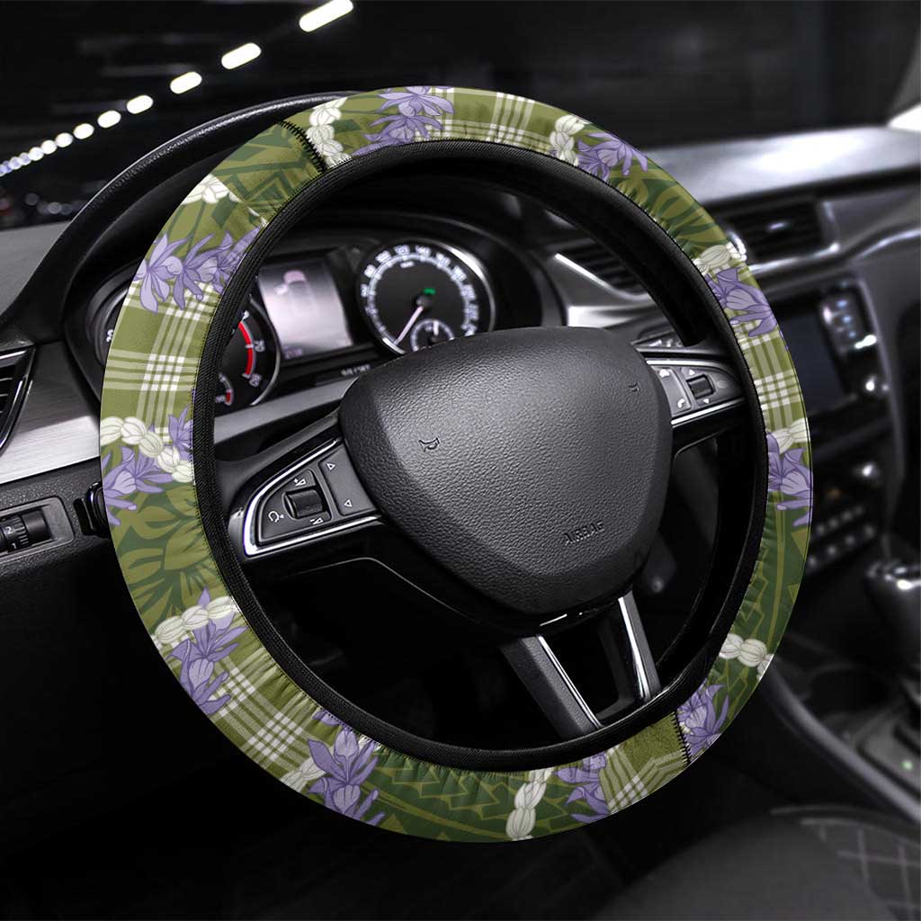 Green Hawaii Palaka Honohono Pikake Steering Wheel Cover Hawaiian Orchid Lei Polynesian Pattern - Polynesian Pride