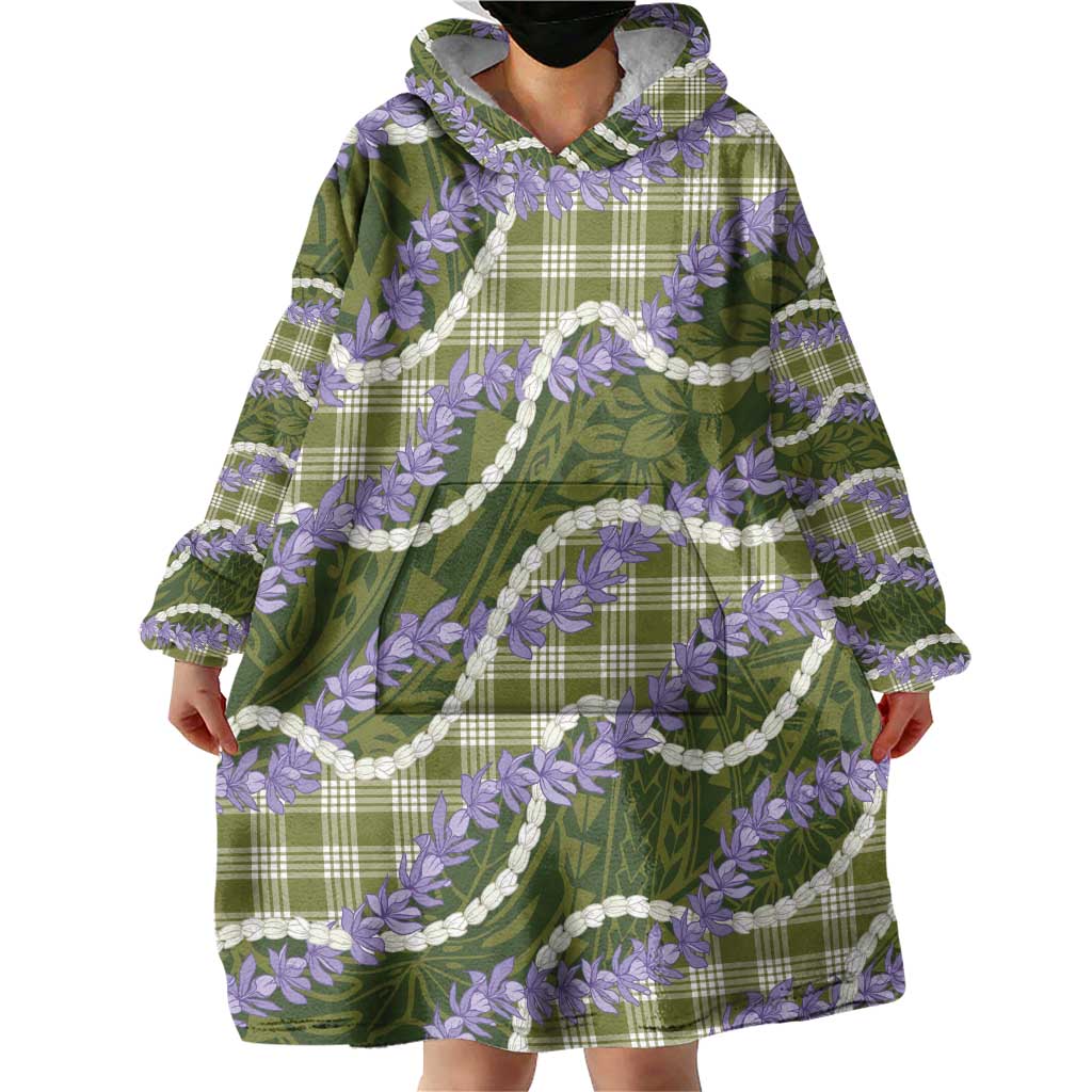 Green Hawaii Palaka Honohono Pikake Wearable Blanket Hoodie Hawaiian Orchid Lei Polynesian Pattern - Polynesian Pride