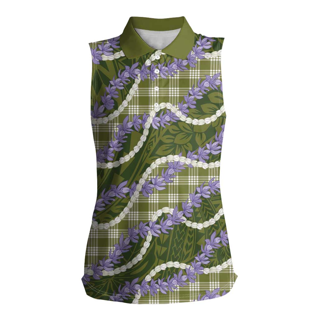 Green Hawaii Palaka Honohono Pikake Women Sleeveless Polo Shirt Hawaiian Orchid Lei Polynesian Pattern - Polynesian Pride