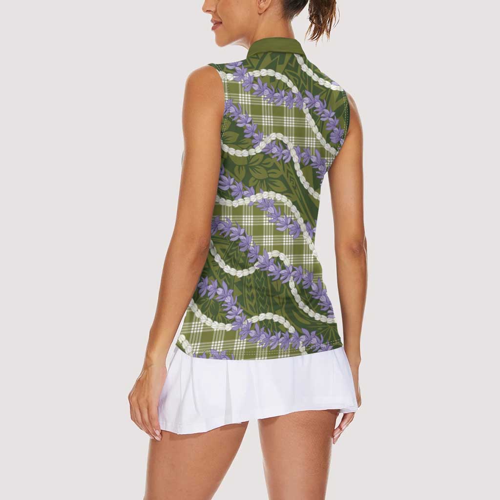Green Hawaii Palaka Honohono Pikake Women Sleeveless Polo Shirt Hawaiian Orchid Lei Polynesian Pattern - Polynesian Pride