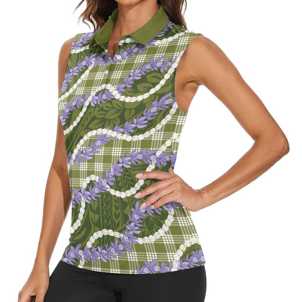 Green Hawaii Palaka Honohono Pikake Women Sleeveless Polo Shirt Hawaiian Orchid Lei Polynesian Pattern - Polynesian Pride