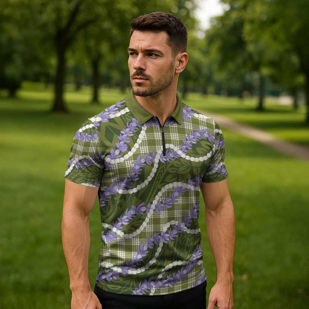 Green Hawaii Palaka Honohono Pikake Zipper Polo Shirt Hawaiian Orchid Lei Polynesian Pattern - Polynesian Pride