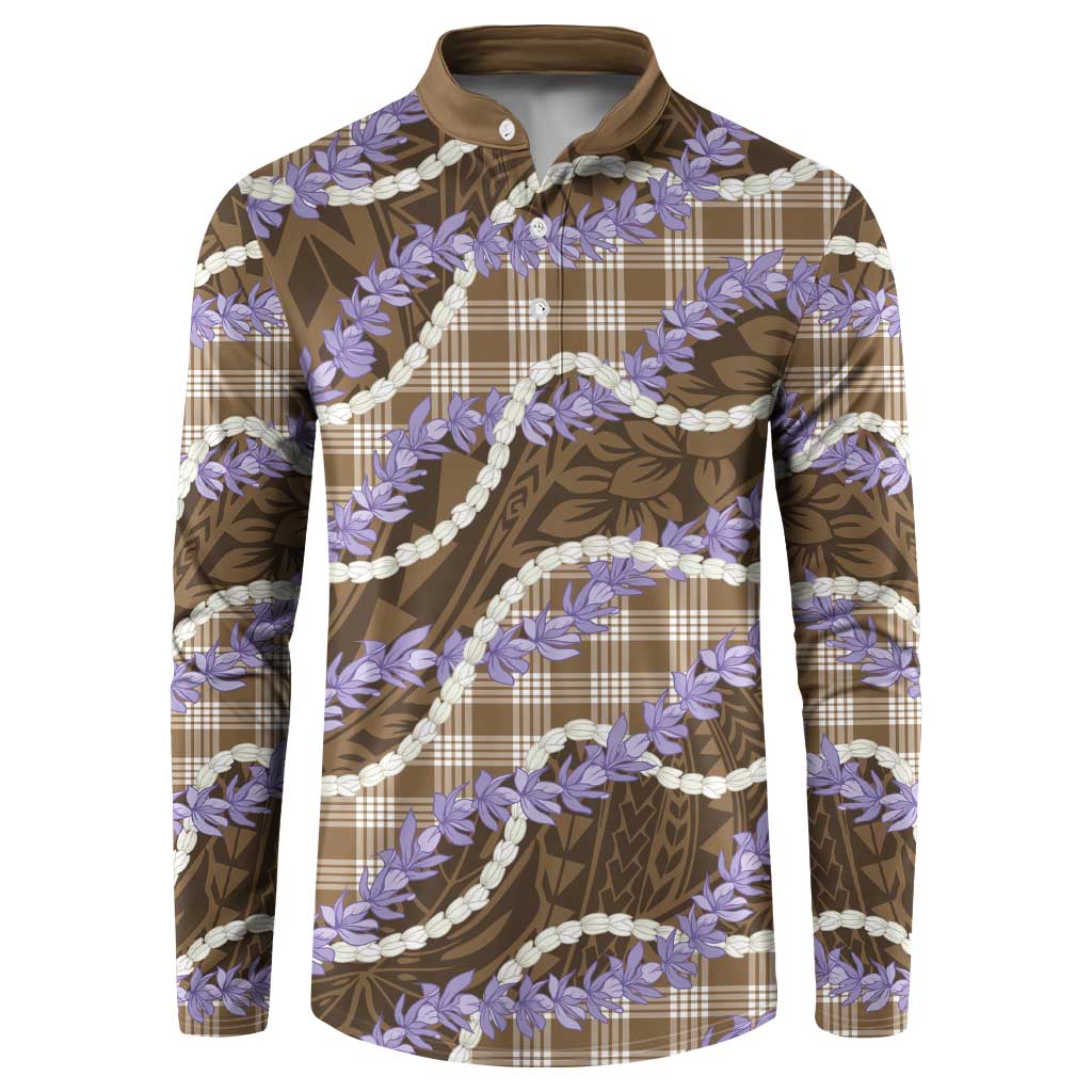 Brown Hawaii Palaka Honohono Pikake Button Sweatshirt Hawaiian Orchid Lei Polynesian Pattern - Polynesian Pride