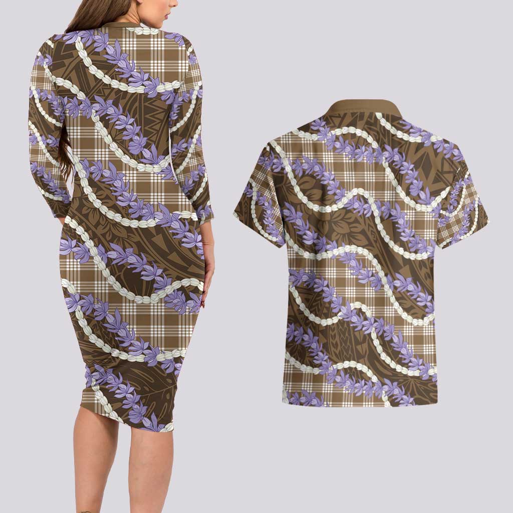 Brown Hawaii Palaka Honohono Pikake Couples Matching Long Sleeve Bodycon Dress and Hawaiian Shirt Hawaiian Orchid Lei Polynesian Pattern - Polynesian Pride
