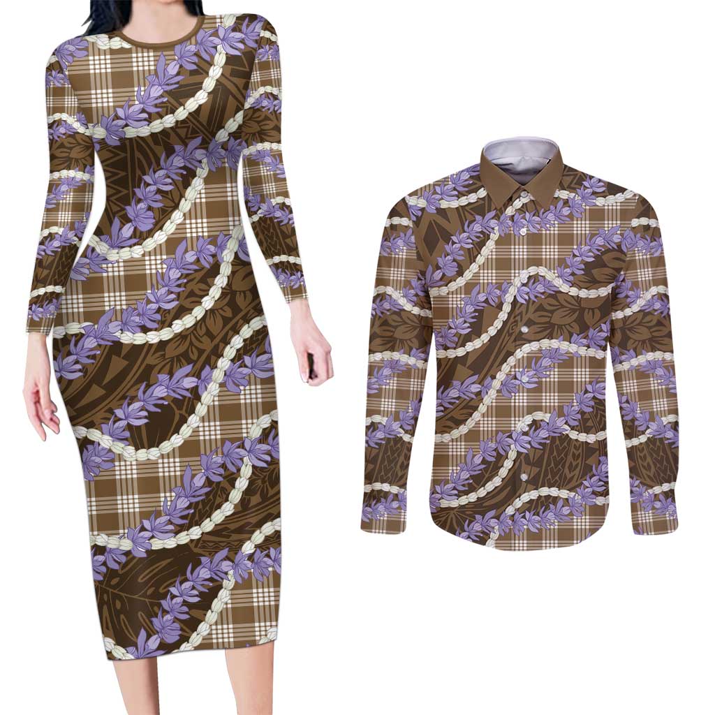 Brown Hawaii Palaka Honohono Pikake Couples Matching Long Sleeve Bodycon Dress and Long Sleeve Button Shirt Hawaiian Orchid Lei Polynesian Pattern - Polynesian Pride