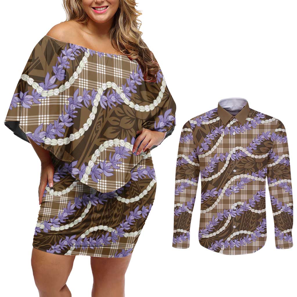 Brown Hawaii Palaka Honohono Pikake Couples Matching Off Shoulder Short Dress and Long Sleeve Button Shirt Hawaiian Orchid Lei Polynesian Pattern - Polynesian Pride