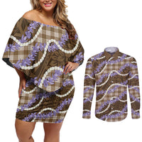 Brown Hawaii Palaka Honohono Pikake Couples Matching Off Shoulder Short Dress and Long Sleeve Button Shirt Hawaiian Orchid Lei Polynesian Pattern - Polynesian Pride