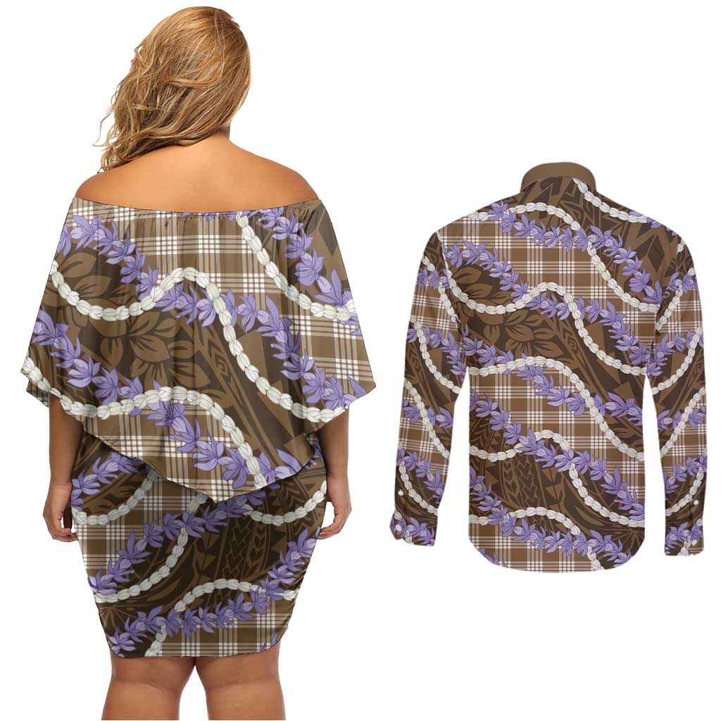 Brown Hawaii Palaka Honohono Pikake Couples Matching Off Shoulder Short Dress and Long Sleeve Button Shirt Hawaiian Orchid Lei Polynesian Pattern - Polynesian Pride