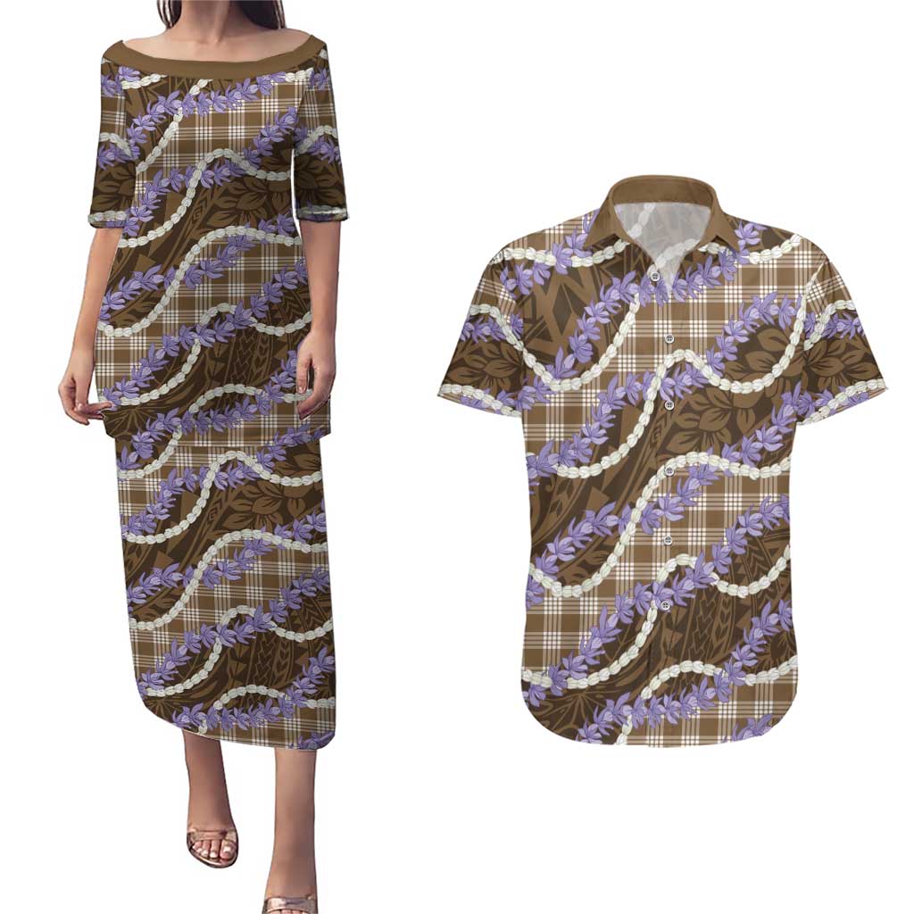 Brown Hawaii Palaka Honohono Pikake Couples Matching Puletasi and Hawaiian Shirt Hawaiian Orchid Lei Polynesian Pattern LT14 Brown - Polynesian Pride