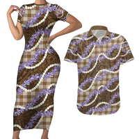 Brown Hawaii Palaka Honohono Pikake Couples Matching Short Sleeve Bodycon Dress and Hawaiian Shirt Hawaiian Orchid Lei Polynesian Pattern - Polynesian Pride