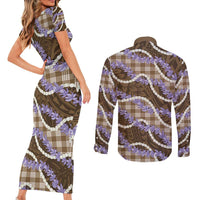Brown Hawaii Palaka Honohono Pikake Couples Matching Short Sleeve Bodycon Dress and Long Sleeve Button Shirt Hawaiian Orchid Lei Polynesian Pattern - Polynesian Pride