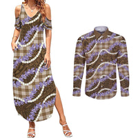 Brown Hawaii Palaka Honohono Pikake Couples Matching Summer Maxi Dress and Long Sleeve Button Shirt Hawaiian Orchid Lei Polynesian Pattern - Polynesian Pride