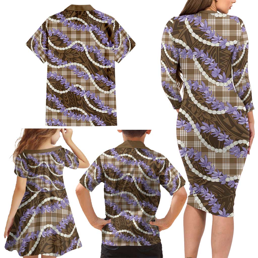 Brown Hawaii Palaka Honohono Pikake Family Matching Long Sleeve Bodycon Dress and Hawaiian Shirt Hawaiian Orchid Lei Polynesian Pattern - Polynesian Pride