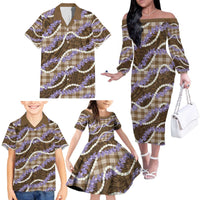 Brown Hawaii Palaka Honohono Pikake Family Matching Off The Shoulder Long Sleeve Dress and Hawaiian Shirt Hawaiian Orchid Lei Polynesian Pattern - Polynesian Pride