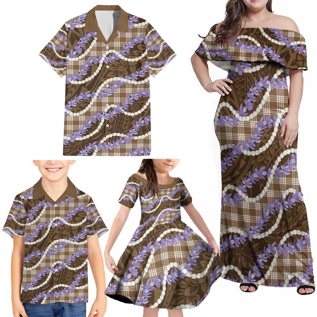 Brown Hawaii Palaka Honohono Pikake Family Matching Off Shoulder Maxi Dress and Hawaiian Shirt Hawaiian Orchid Lei Polynesian Pattern - Polynesian Pride