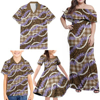 Brown Hawaii Palaka Honohono Pikake Family Matching Off Shoulder Maxi Dress and Hawaiian Shirt Hawaiian Orchid Lei Polynesian Pattern - Polynesian Pride