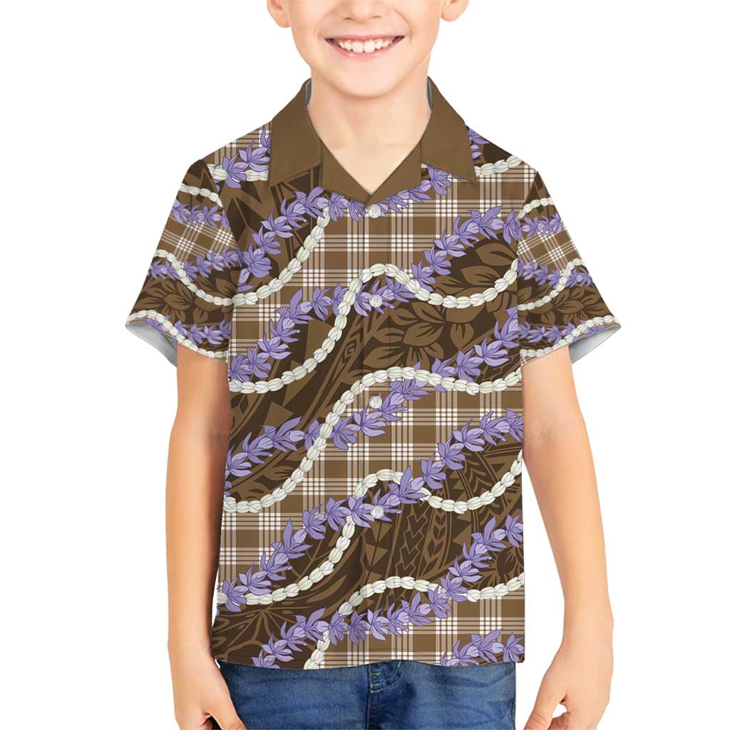 Brown Hawaii Palaka Honohono Pikake Family Matching Off Shoulder Short Dress and Hawaiian Shirt Hawaiian Orchid Lei Polynesian Pattern - Polynesian Pride