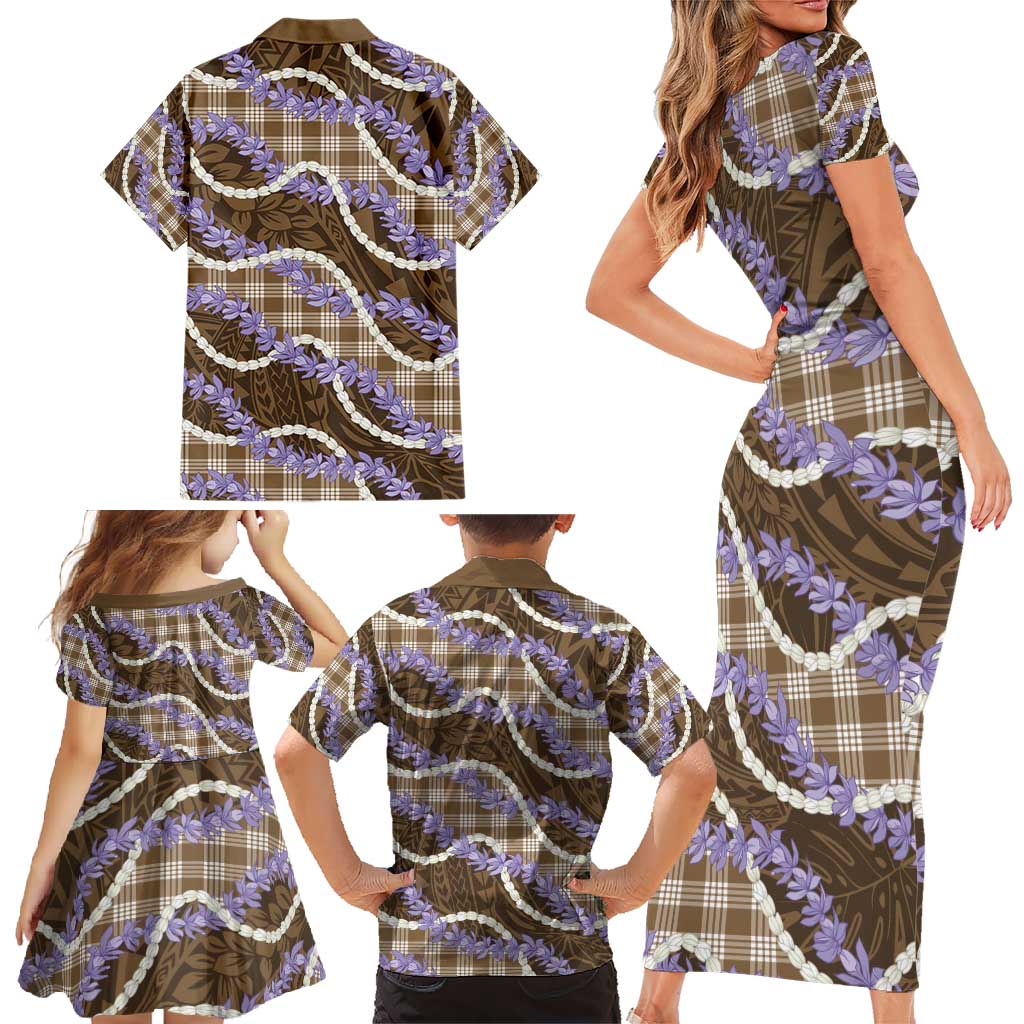 Brown Hawaii Palaka Honohono Pikake Family Matching Short Sleeve Bodycon Dress and Hawaiian Shirt Hawaiian Orchid Lei Polynesian Pattern - Polynesian Pride