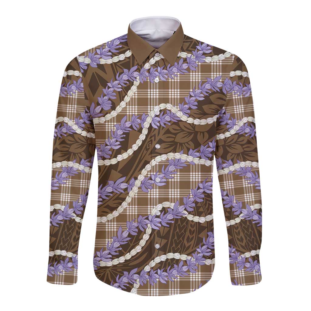 Brown Hawaii Palaka Honohono Pikake Long Sleeve Button Shirt Hawaiian Orchid Lei Polynesian Pattern - Polynesian Pride
