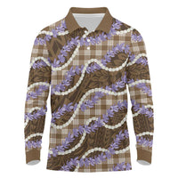 Brown Hawaii Palaka Honohono Pikake Long Sleeve Polo Shirt Hawaiian Orchid Lei Polynesian Pattern - Polynesian Pride